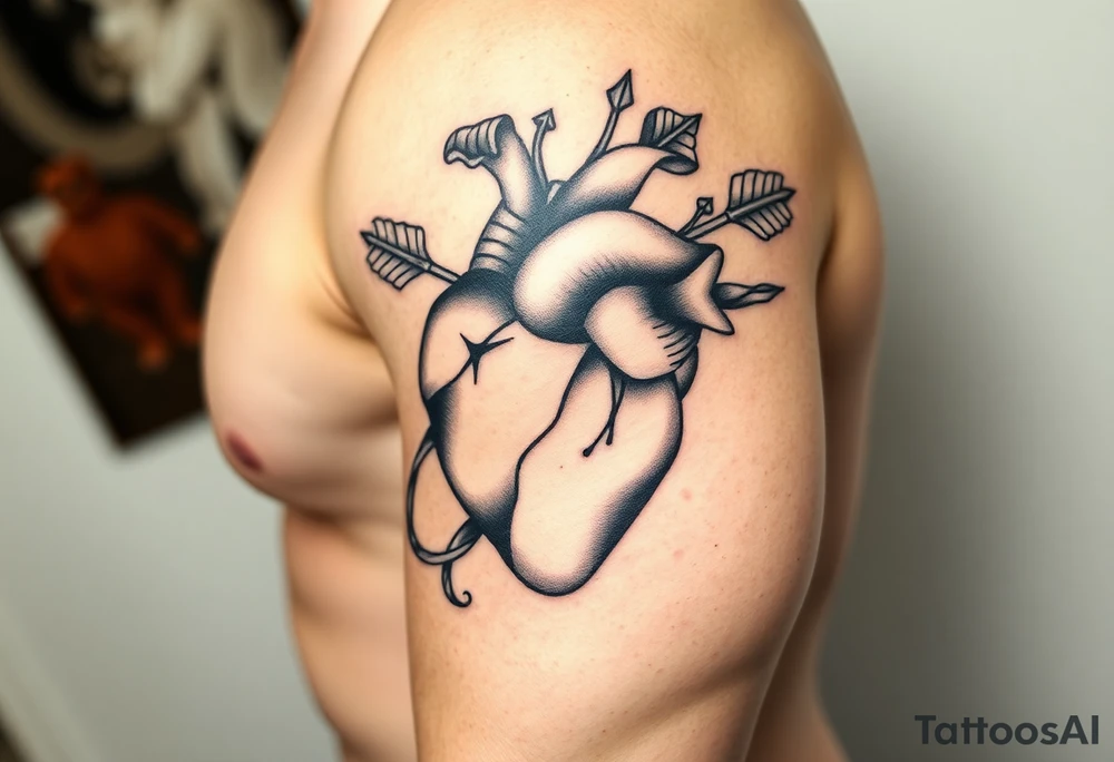 anatomical heart pierced by ornate arrow with flowing ribbons tattoo idea