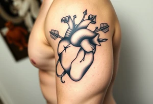 anatomical heart pierced by ornate arrow with flowing ribbons tattoo idea