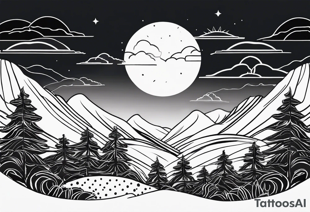Line art one line minimalist sun mountain water tattoo idea