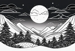 Line art one line minimalist sun mountain water tattoo idea