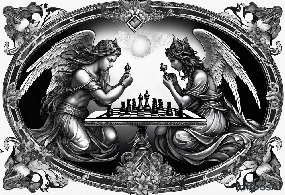 Depict an angel and demon playing chess on a board that morphs from celestial clouds to fiery inferno, representing the merging of the spiritual realms in the eternal game. tattoo idea