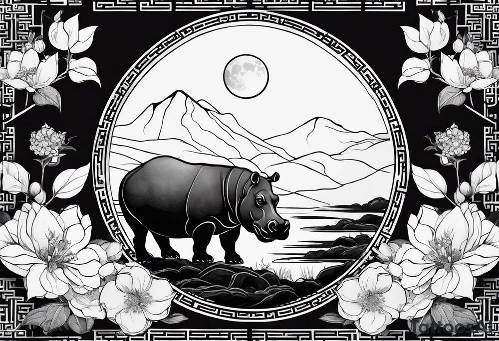 Asymmetrical, geometric, chinese ink art touch, hippo , full moon, wintersweet flower,  modify from my favourite, tattoo idea