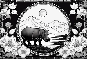 Asymmetrical, geometric, chinese ink art touch, hippo , full moon, wintersweet flower,  modify from my favourite, tattoo idea