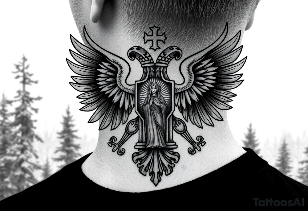 russian coat of arms double headed eagle traditional christian orthodox cross with a virgin mary stood in the entrance of a russian orthodox dome church on the side of the neck in a wilderness setting tattoo idea