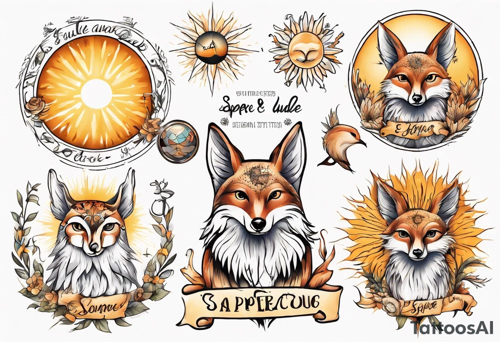 Fuchs und Eule unter der Sonne mit dem Schriftzug Sapere Aude tattoo idea