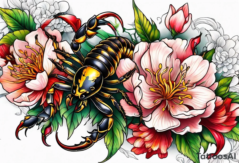 scorpion blood flowers tattoo idea