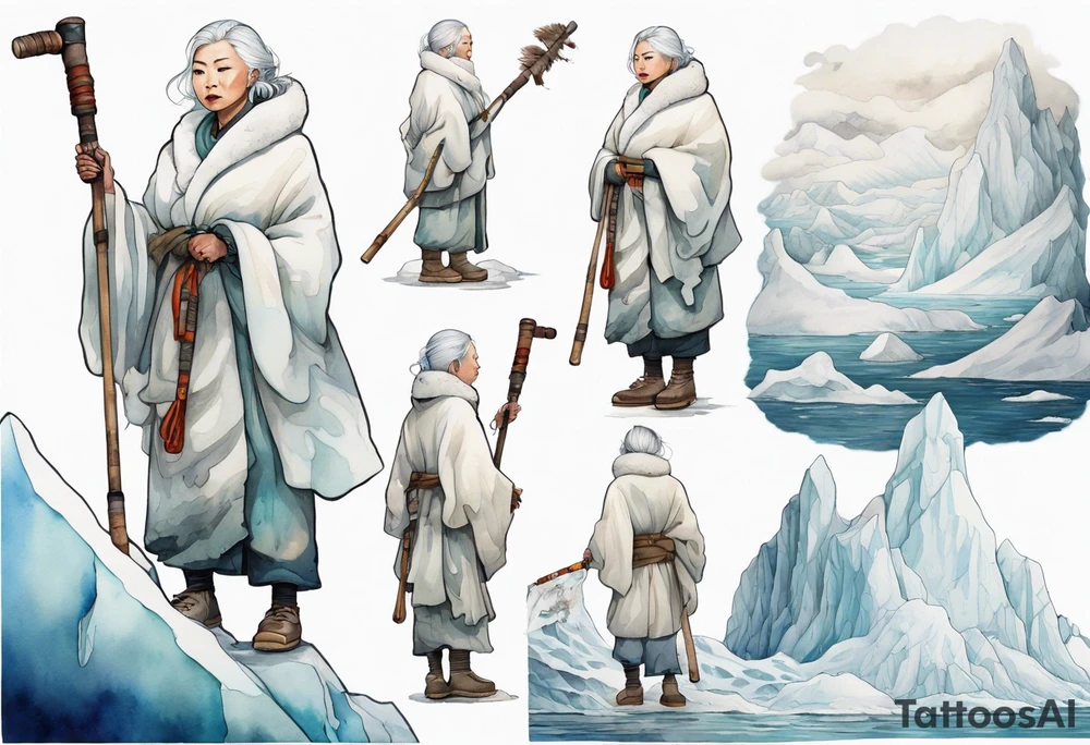 a 40 year old Inuit woman with white hair and a white robe holding a white hiking stick, standing on an iceberg, kind tattoo idea
