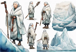 a 40 year old Inuit woman with white hair and a white robe holding a white hiking stick, standing on an iceberg, kind tattoo idea