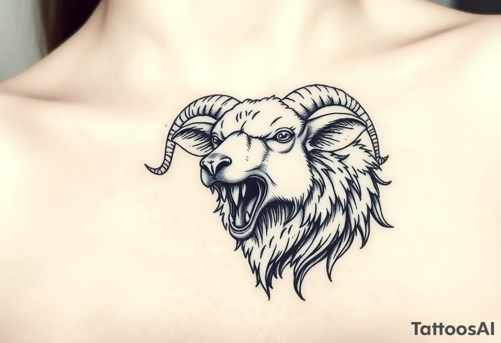 A   wolf sheep showing teeth as a mystical creature tattoo idea