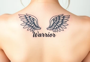 beautiful vibrant single angel wing with word "Warrior" tattoo idea
