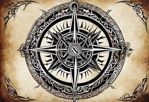 Nordic and viking tribal art and marks with a viking compass but still representing strength, honor and good virtue as well as an emphasis on family, a soul mate partner and pagan virtues tattoo idea