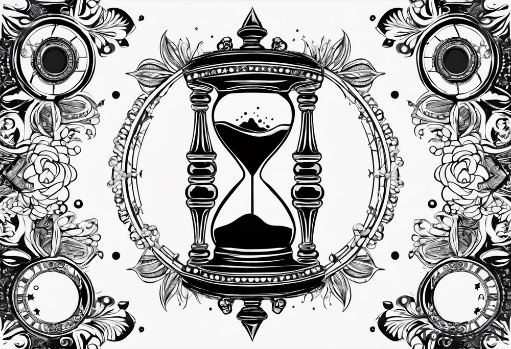 Mix an hourglass with a nautical clock with the addition of planets, galaxies and flower spikes to give a design to print on a t-shirt, the design should be in one color in the form of a tattoo and all the shapes should be mixed to give one shape tattoo idea