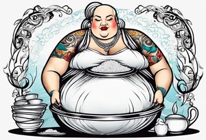 very fat lady with bald head washing dishes tattoo idea