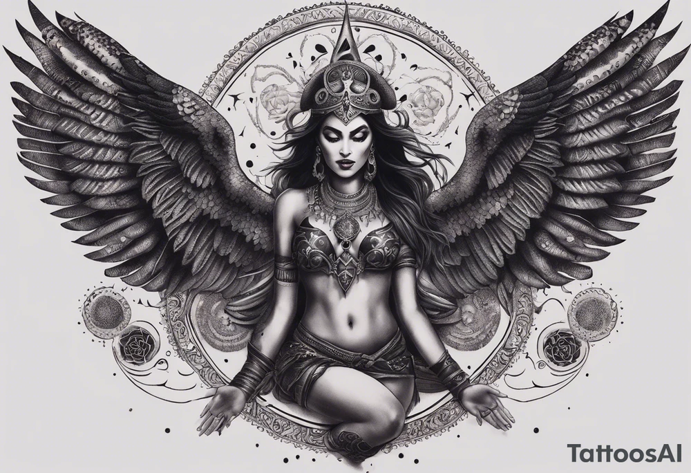 black kali, goddess pirate, alien, angel, pachamama, valkrye, warrior, flying, skull, lotus azul, wing, eagle, zenza resonance, stars, 5D, anahata chakra, death, durga, riding on a tiger, flying lady, chest tatoo tattoo idea