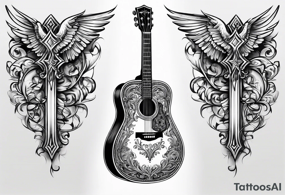 detailed christian cross with acoustic guitar tattoo idea