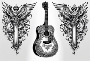 detailed christian cross with acoustic guitar tattoo idea