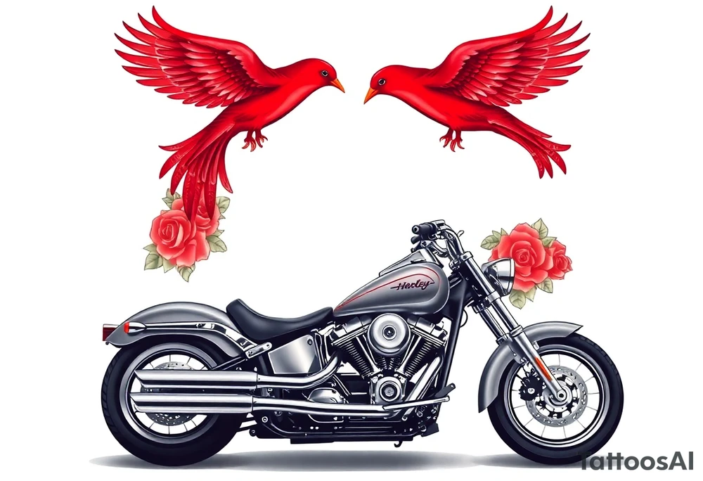 Harley grey motorcycle driving away, two red birds flying, roses, flames, angel wings tattoo idea