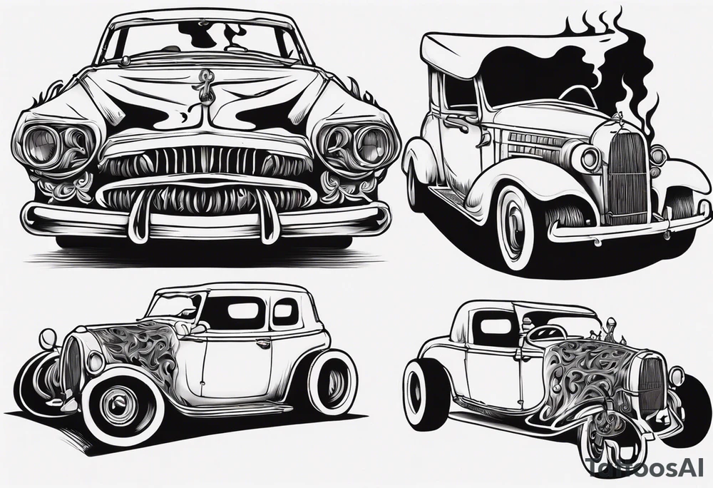 I want a tattoo of a skeleton with flames driving an old vintage car and i want the name “Viking Customs” to be in the tattoo tattoo idea