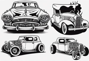 I want a tattoo of a skeleton with flames driving an old vintage car and i want the name “Viking Customs” to be in the tattoo tattoo idea