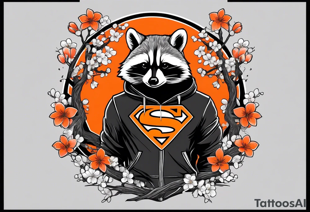 Raccoon wearing a white Superman logo on a black hoodie and orange Japanese cherry blossoms beside tattoo idea