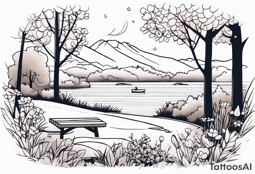 picnic scene in nature by a lake with bushes, tress and flowers. tattoo idea
