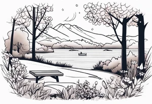 picnic scene in nature by a lake with bushes, tress and flowers. tattoo idea
