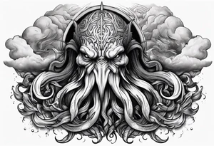 Cthulhu face surrounded by storm clouds with white lightning, tentacles and clouds wrapping around forearm tattoo idea