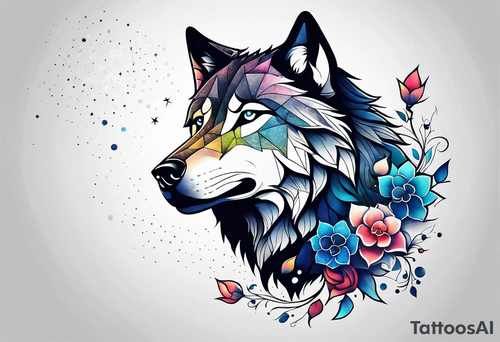 Constellation, animal wolf snow , géométric , flower tattoo idea