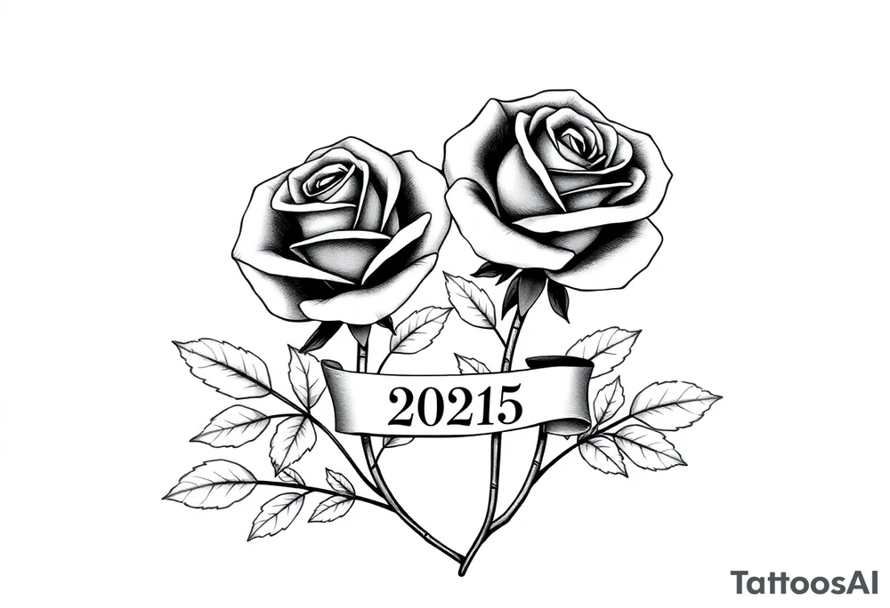 two beautiful large rose buds, one larger than the other, with many leaves next to the rose buds, with one sitting higher than the other. Include a banner connecting the two roses with the year "2025" on it.   Use dark outlines with little shading. The two stems should be short, not long, and connect and join into one stem, whimsically curved or twisted - not straight down. tattoo idea