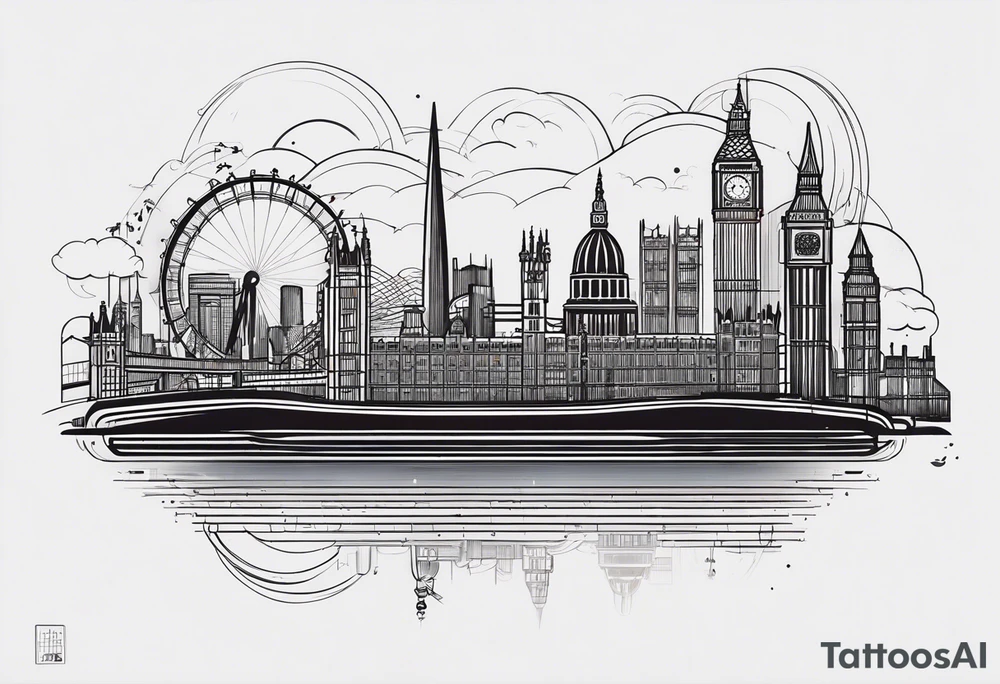 A minimalistic, abstract design capturing the architectural essence and vibe of London. Key elements of London’s skyline and structure are hinted at with clean lines, and subtle detailing includes personal touches, like a nod to Feid’s signature look (hat, glasses, mustache), integrated discreetly to honor a memorable concert experience. tattoo idea