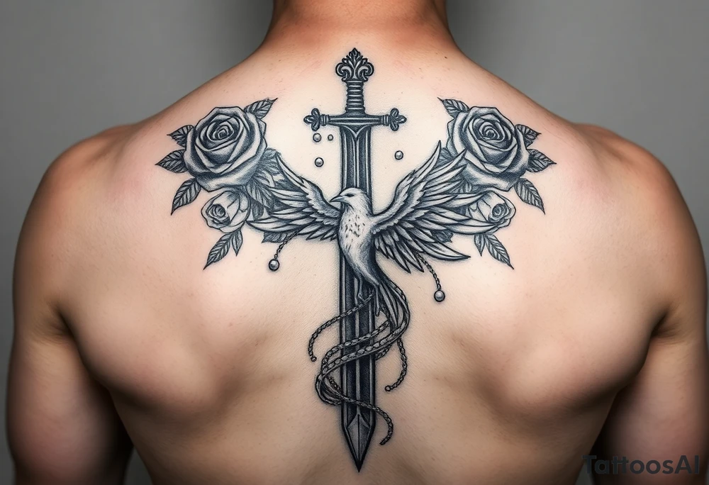 Cross sword darkened in with roses pearls and a phoenix rising from the ashes feminine but powerful tattoo idea
