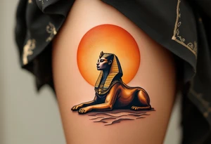 A bronze Sphinx silhouette under a burnt orange desert sun. tattoo idea