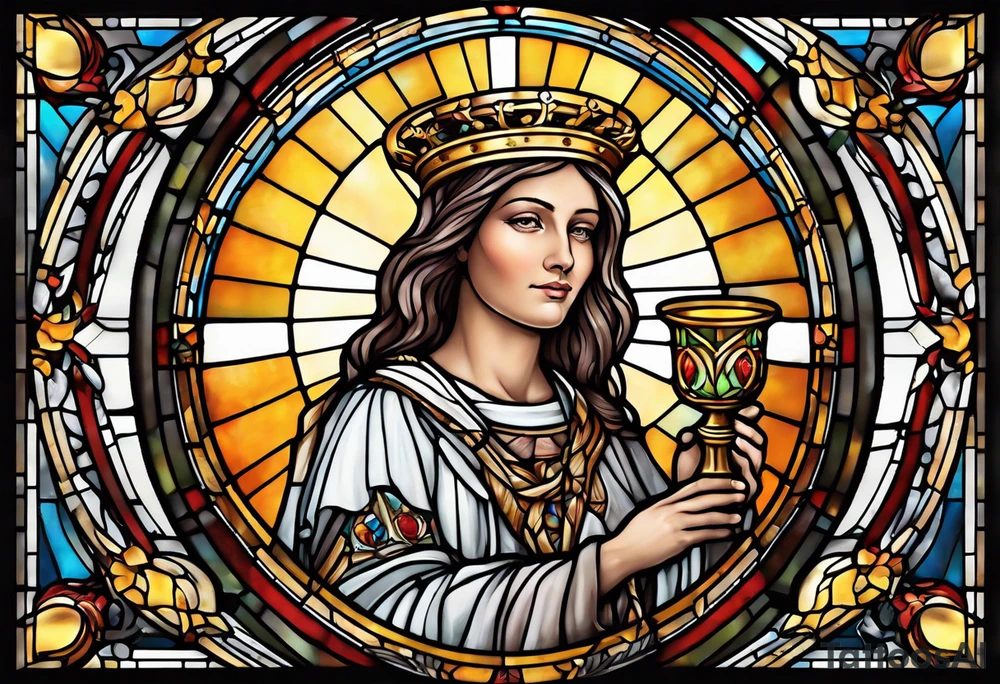 holy saint woman with halo stained glass holding a chalice with artillery tattoo idea