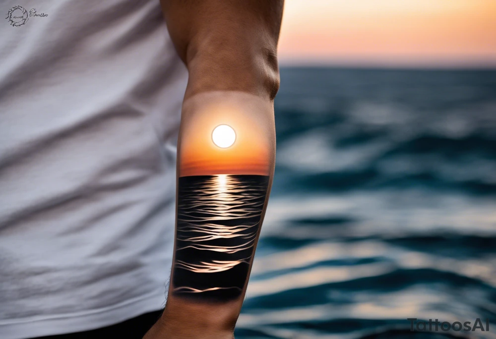 Minimalistic, black and white tattoo on male forearm. From the perspective of being on the ocean, the water is calm, with no waves in sight, the sun is setting behind the ocean, reflecting light onto the water. The tattoo in the shape of a rectangle, 4 inches wide by 2 inches tall. tattoo idea