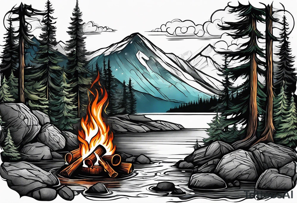 Small campfire on the coast of a mountain stream, in the back is some evergreen tall trees tattoo idea