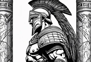 Side profile of spartan soilder with ancient pillars in background tattoo idea