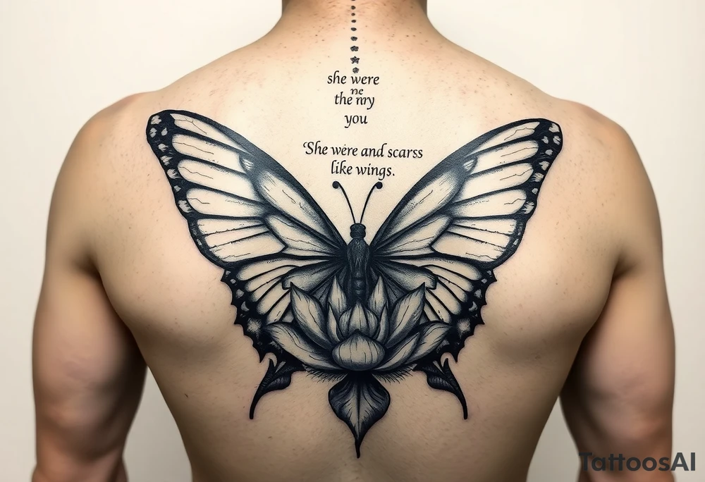 butterfly with cracked wings and lotus flower with quote that says “she wore her scars like wings” all down spine but very elegant towards lower back tattoo idea