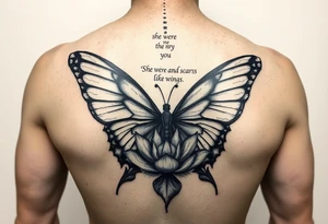 butterfly with cracked wings and lotus flower with quote that says “she wore her scars like wings” all down spine but very elegant towards lower back tattoo idea