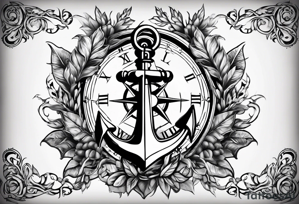 A selucid style anchor in front of a compass and a narrow laurel wreathe wrapped around the compass tattoo idea