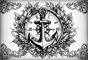 A selucid style anchor in front of a compass and a narrow laurel wreathe wrapped around the compass tattoo idea