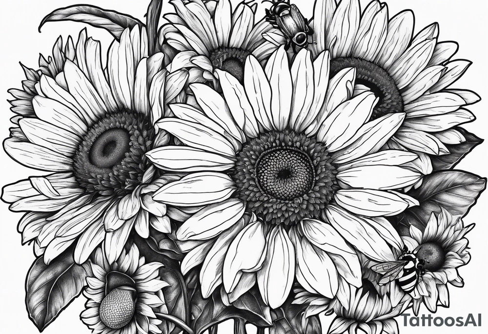 fine line drawing of gerber daisy lilies and sunflowers with a bee and a lady bug tattoo idea