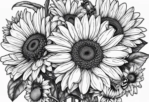 fine line drawing of gerber daisy lilies and sunflowers with a bee and a lady bug tattoo idea