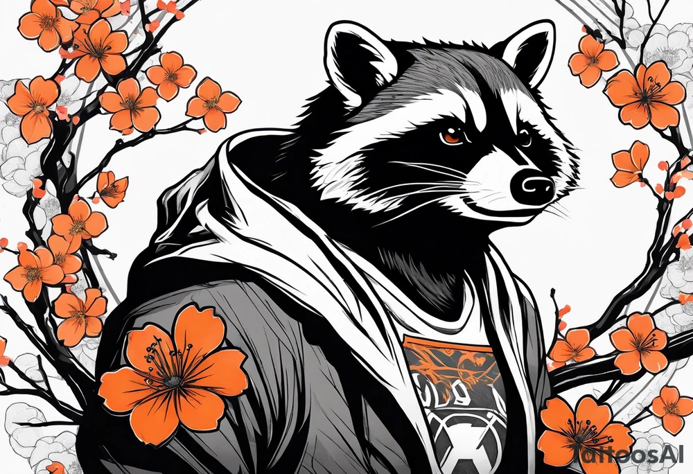 Raccoon wearing a white Superman logo on a black hoodie and orange Japanese cherry blossoms tattoo idea