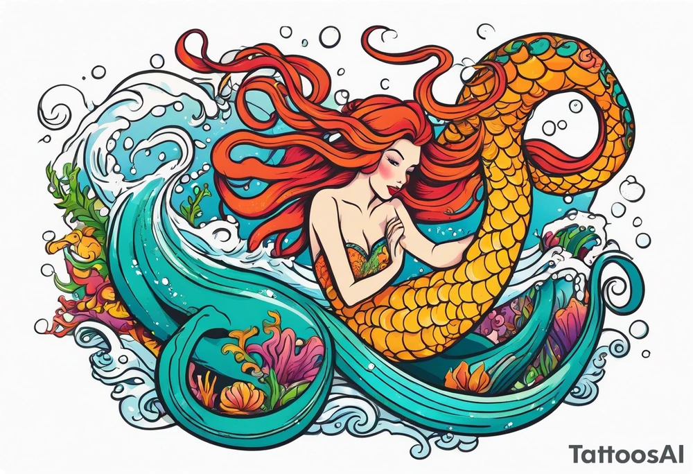 Giant octopus and mermaid frolicking in the sea tattoo idea