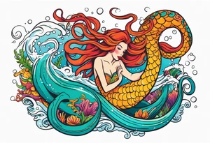 Giant octopus and mermaid frolicking in the sea tattoo idea