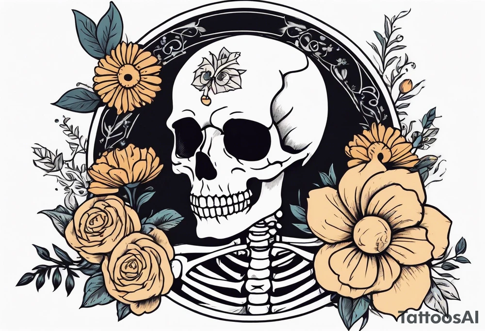 skeleton with body and flowers around it vintage sketch tattoo idea