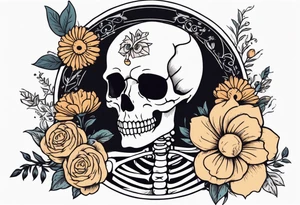skeleton with body and flowers around it vintage sketch tattoo idea