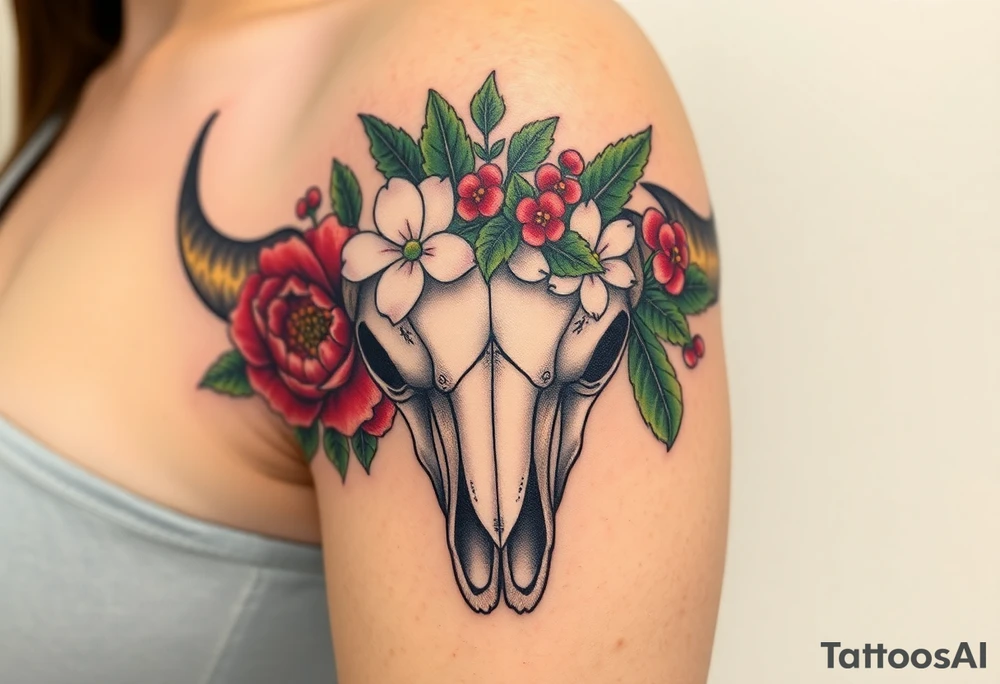 Buffalo or bison skull with flowers. Peony, snowdrop, holly with berries, larkspur, peony. Colour. For upper arm or shoulder. Masculin. tattoo idea