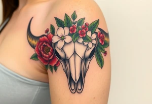 Buffalo or bison skull with flowers. Peony, snowdrop, holly with berries, larkspur, peony. Colour. For upper arm or shoulder. Masculin. tattoo idea