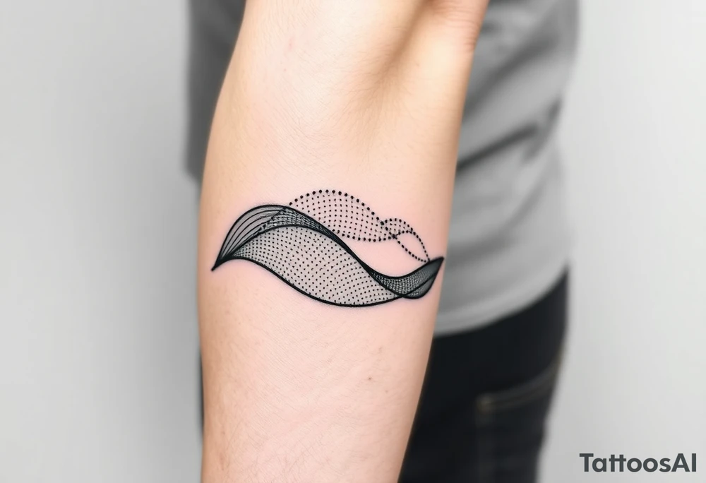 Bold abstract line tattoo for a male, inner forearm wrapping around the elbow, sharper wave forms, confident flowing black lines with controlled dotwork, strong contrast, modern masculine style, black ink only, no softness, tattoo-ready. tattoo idea